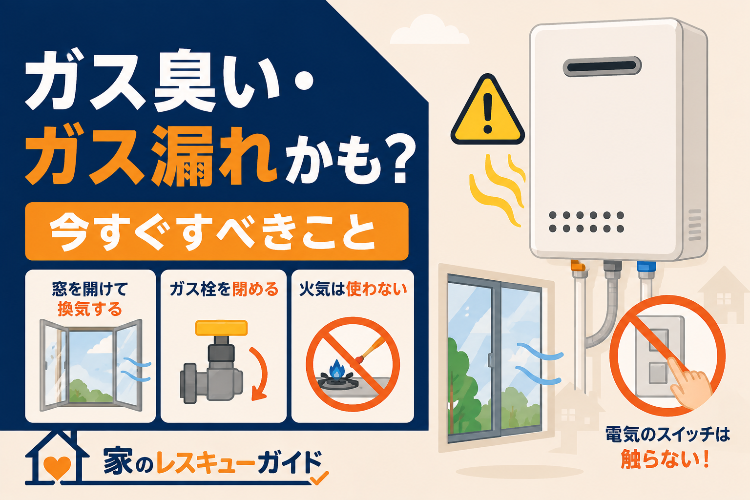 給湯器がガス臭い・ガス漏れかもと思ったら今すぐすべきことを解説するアイキャッチ画像