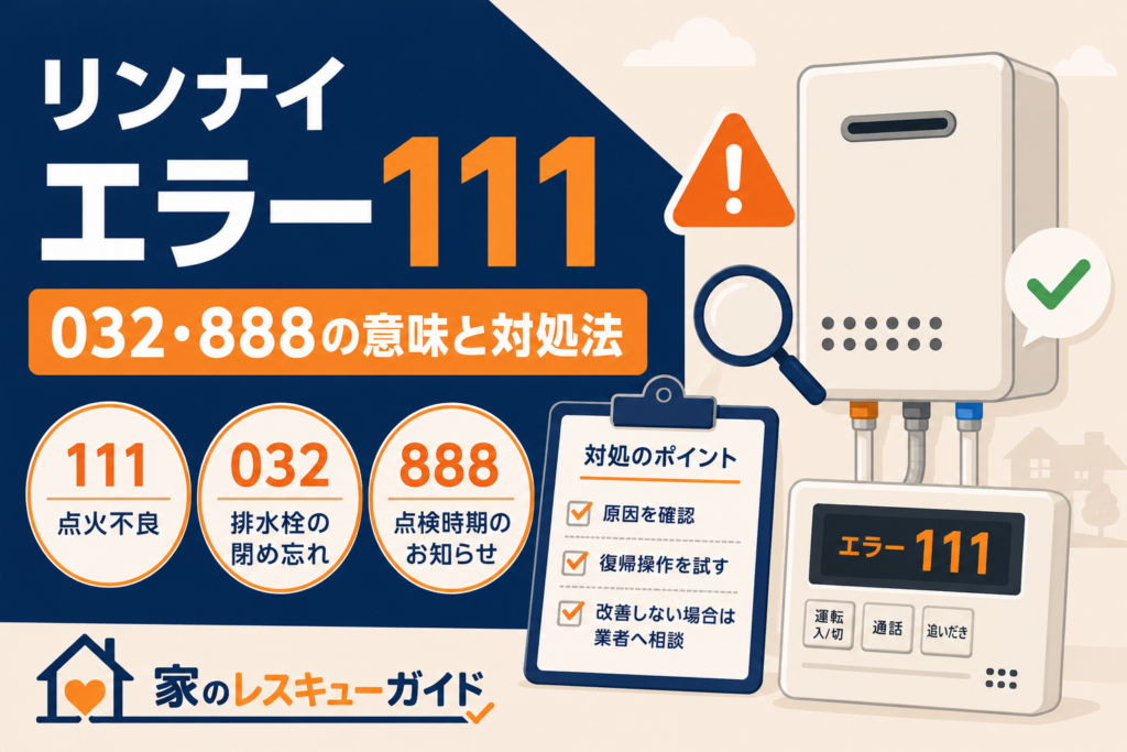 リンナイ給湯器のエラー111・032・888の意味と対処法を解説するアイキャッチ画像