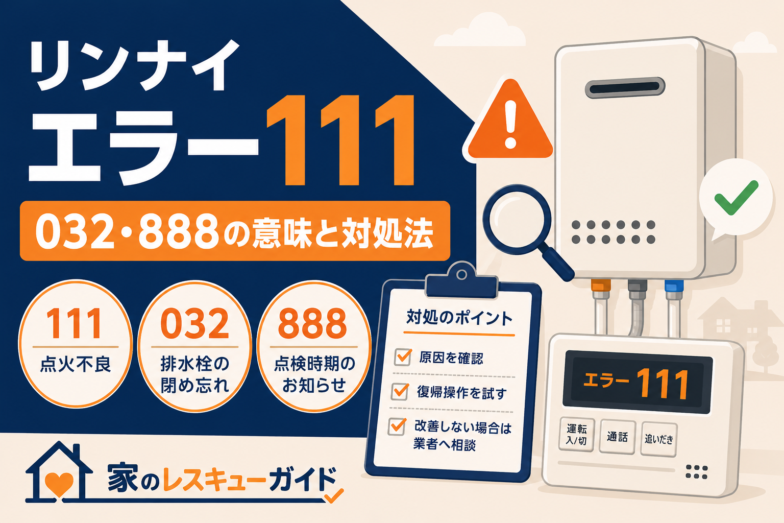 リンナイ給湯器のエラー111・032・888の意味と対処法を解説するアイキャッチ画像