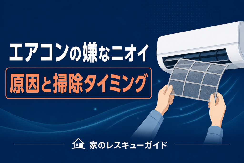 エアコンのフィルターを点検する手のイラスト、エアコンの嫌なニオイの原因と掃除タイミングを紹介する記事のアイキャッチ