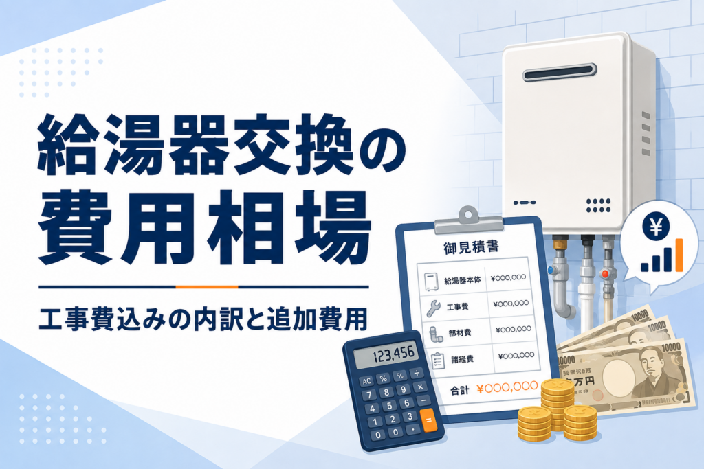 給湯器交換の費用相場を解説するアイキャッチ画像（工事費込みの内訳と追加費用）