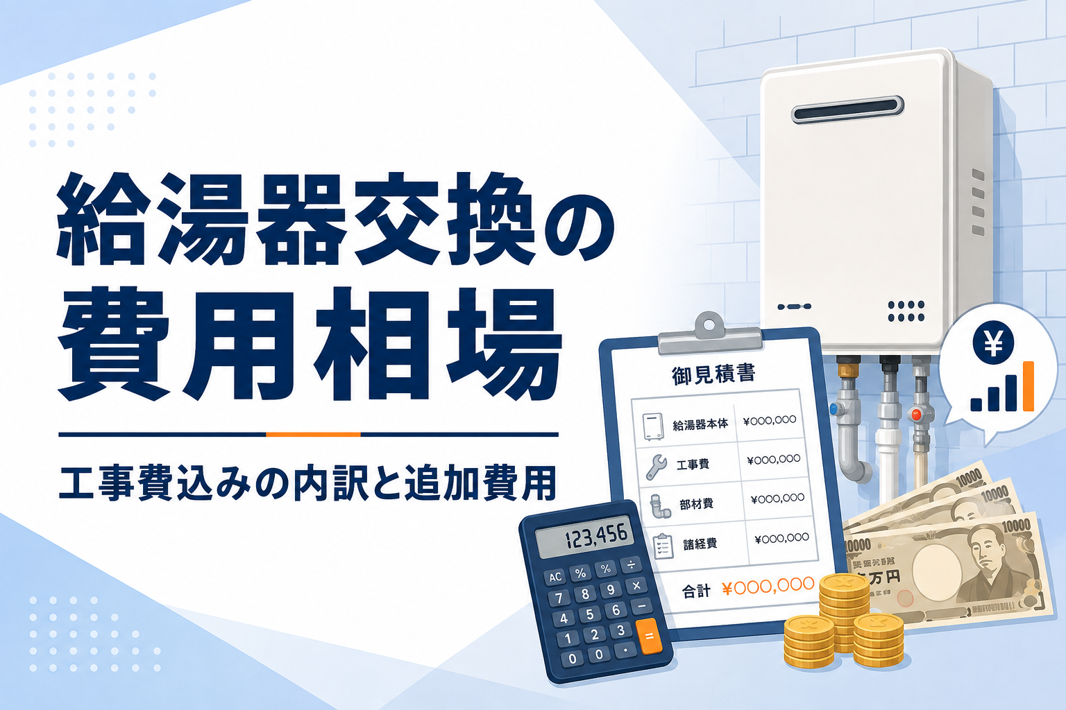 給湯器交換の費用相場を解説するアイキャッチ画像(工事費込みの内訳と追加費用)